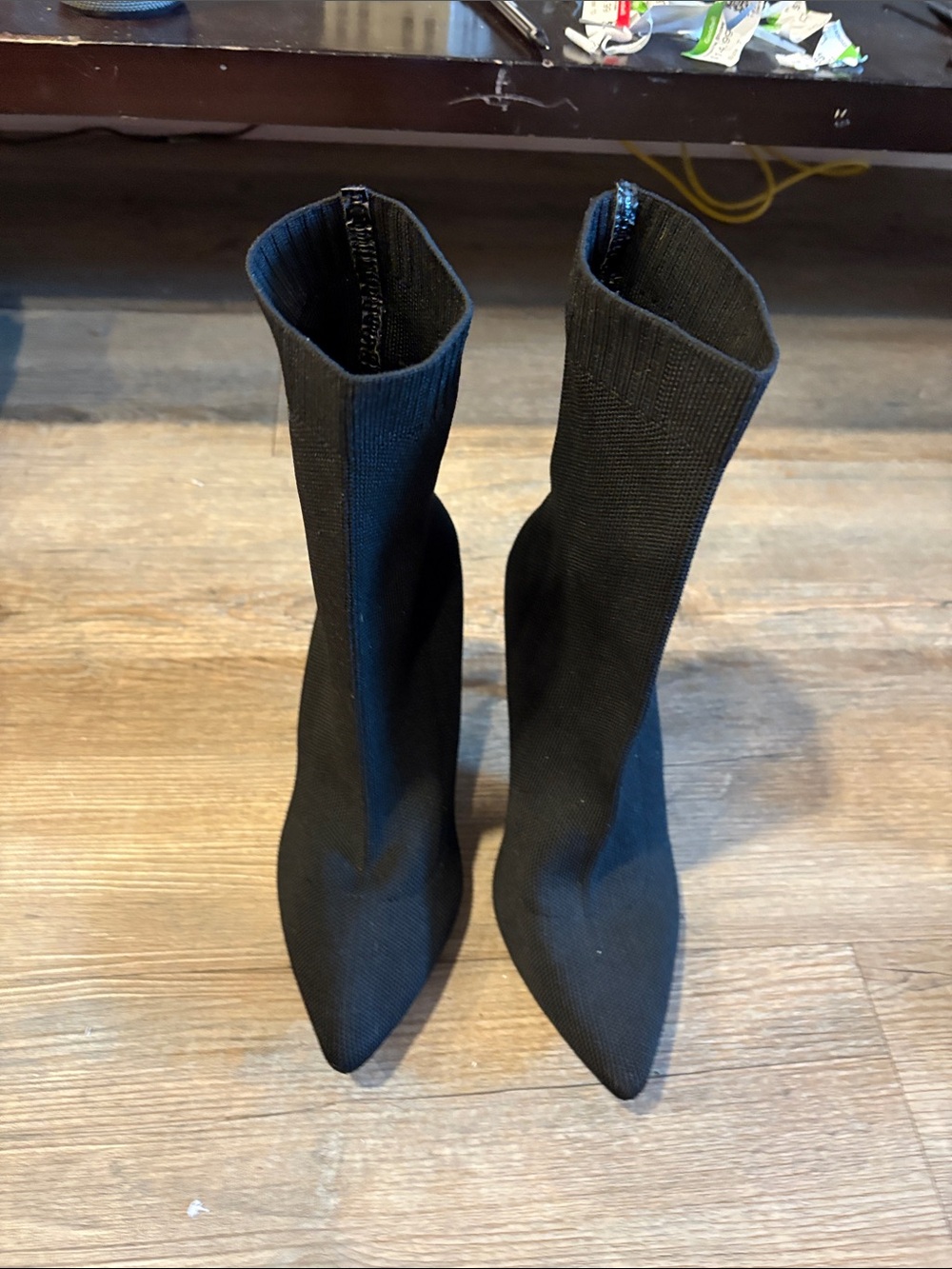 Black Stretch Sock Heeled Boots - Sleek Pointed Ankle Boot